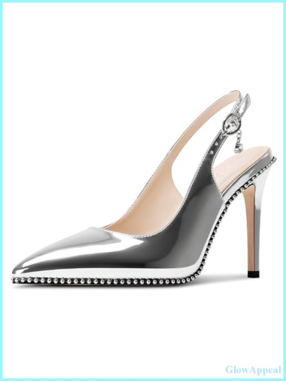 Slingback Beaded Pointed Toe Stiletto Heel Pumps Adjustable Buckle Faux Leather